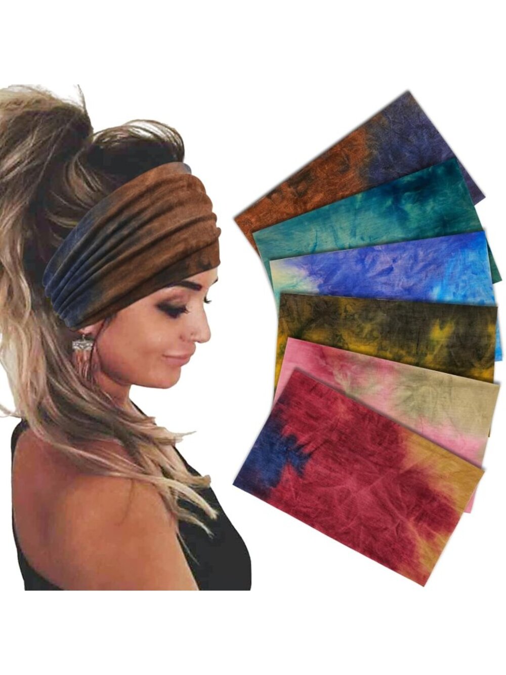 Women's Tie Dye Stretch 6 Pack Wide Headband Turban Yoga Hairband Accessories